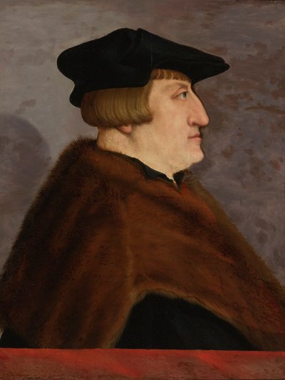 Ritratto di un signore di profilo a mezza lunghezza, con cappello nero e giacca di pelliccia, davanti a una balaustra da Christoph Amberger